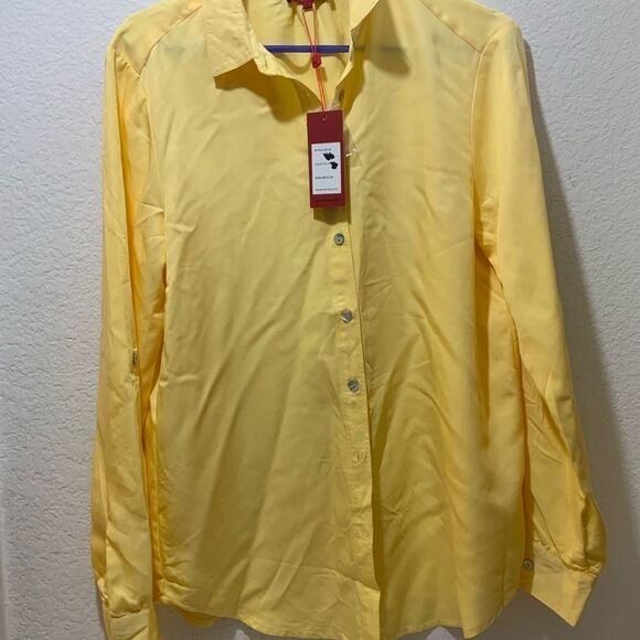 New Lior Luxe yellow  crinkle button down top - Picture 2 of 12